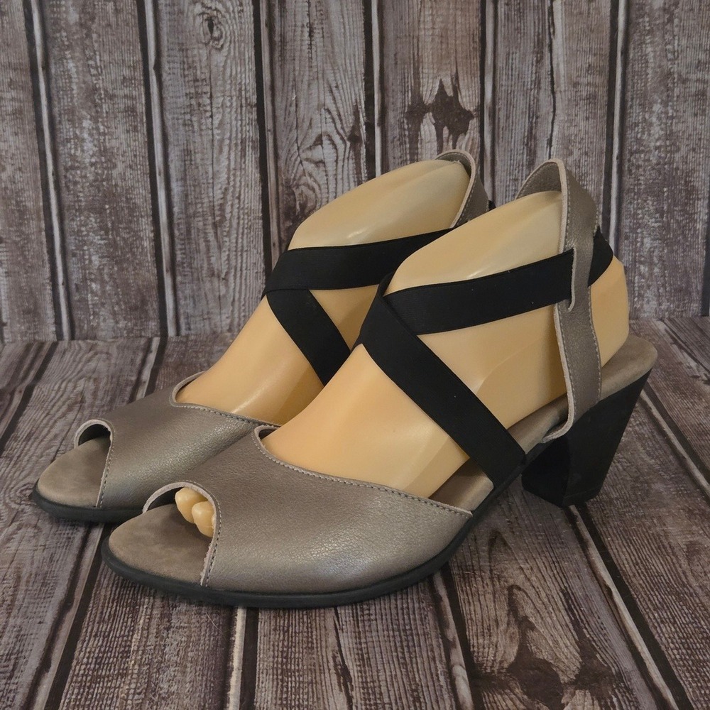 Sz 40 / 9 Arche Satia Metallic Pewter Leather Elastic Strap Block Heels Sandals